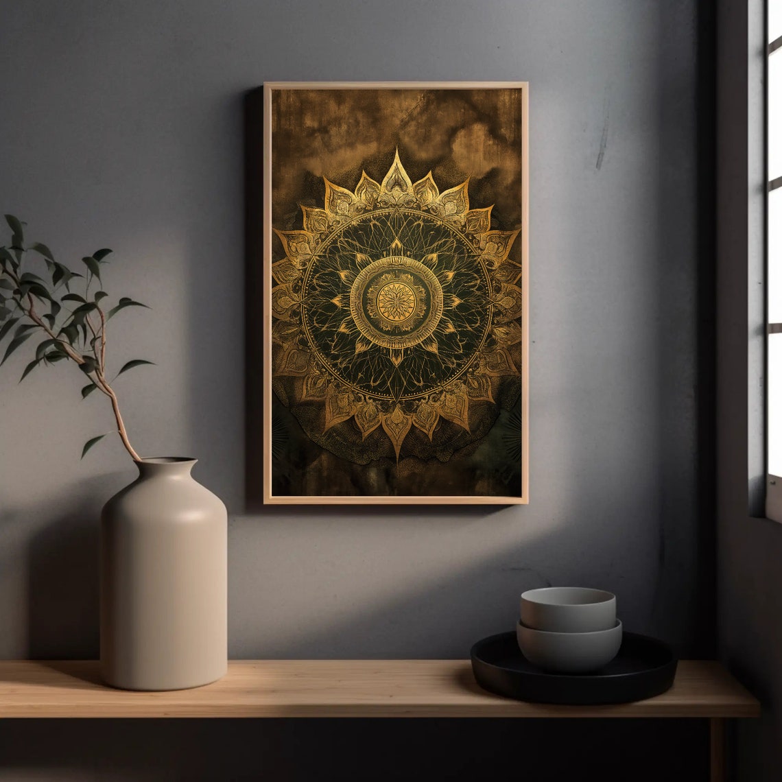 Gold Lotus Mandala Art on Dark Smoky Background Spiritual Wall Poster - Image 3