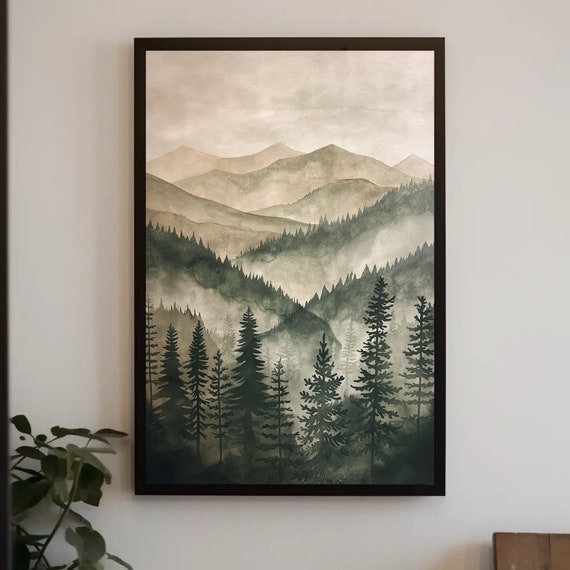 Green Mountains Pine Trees Watercolour Print Framed Wall Decor Mountain Forest Wall Art Poster Print Nature Wall Decor