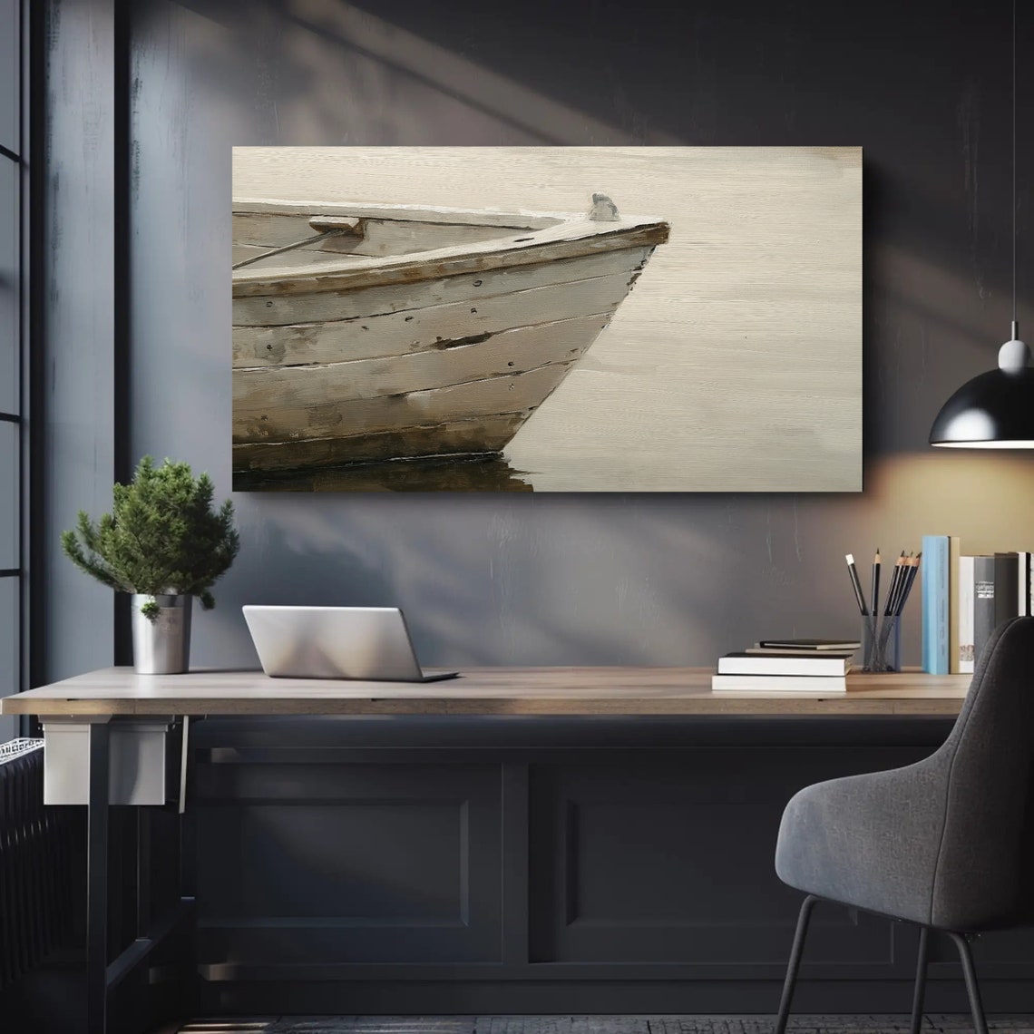 Close Up Old Wooden Boat Oil Painting Rustic Lake House And Boathouse Art Vintage Nautical Decor Ideal For Living Room Bedroom Office - Image 2