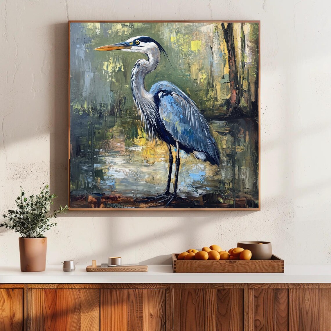 Blue Heron Oil Painting, Wildlife Wall Art Print