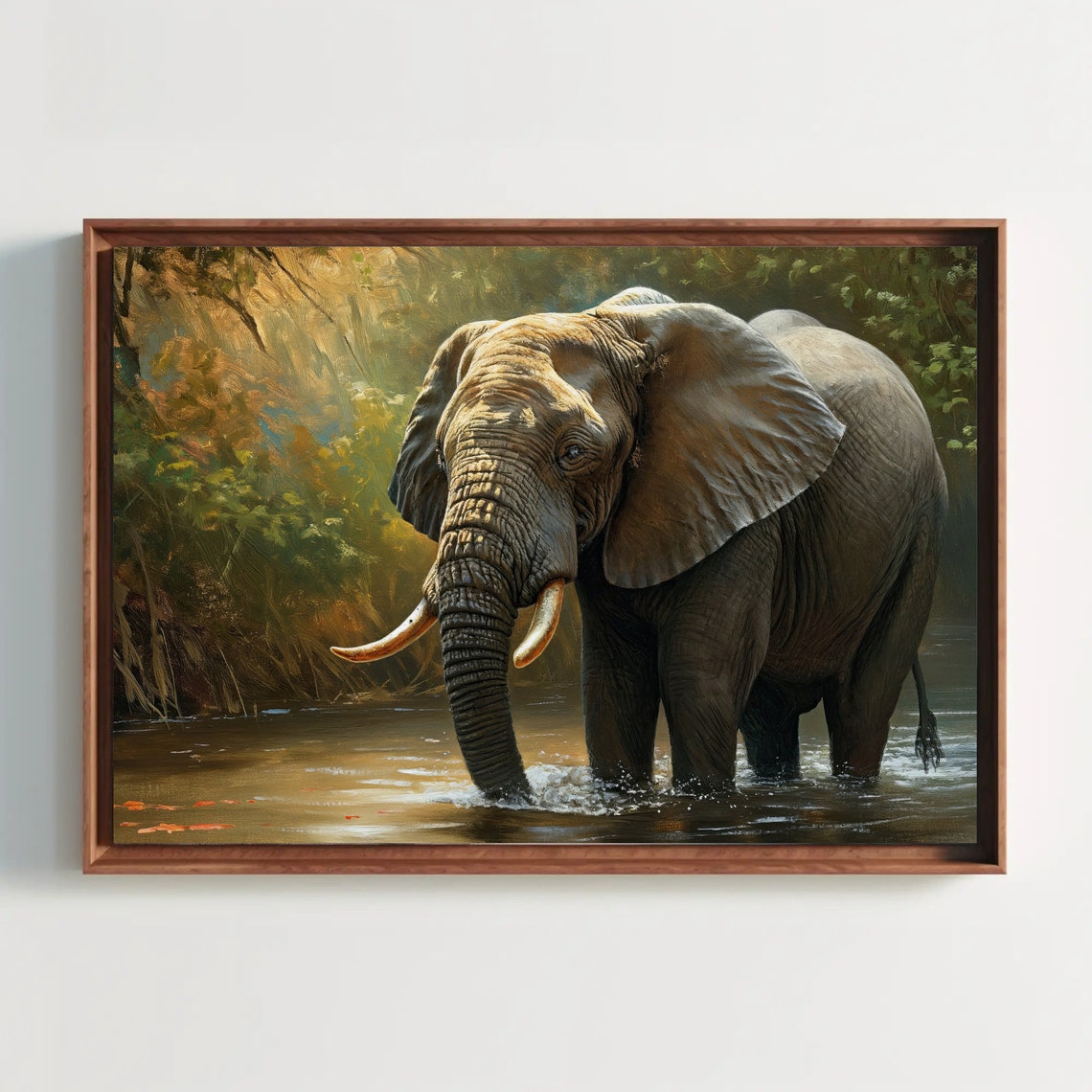 African Elephant Wading River Jungle Wildlife Painting Poster - Image 5