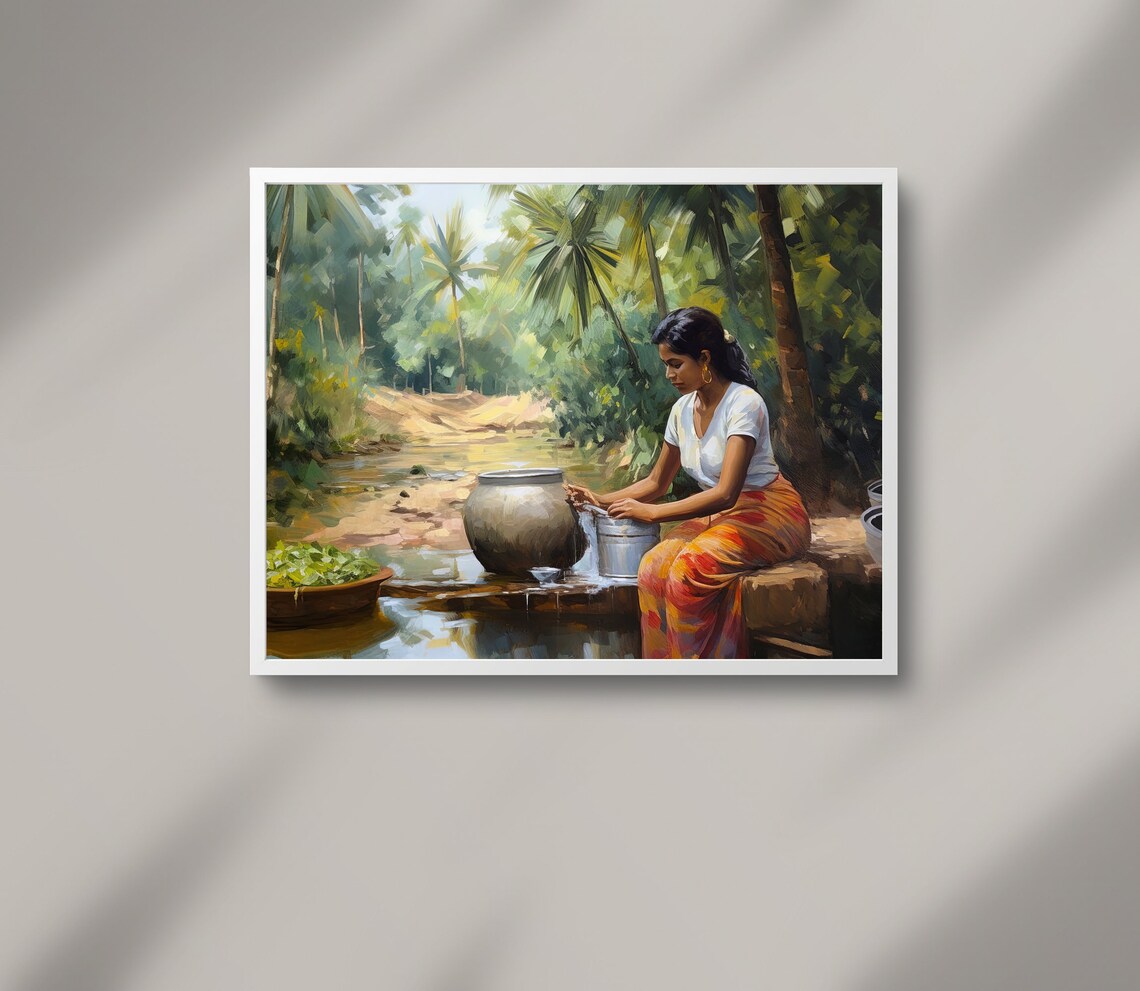South Indian Woman Washing Utensils At A River South Indian Print South Indian Painting South Indian Home Decor South Indian Wall Art - Image 4