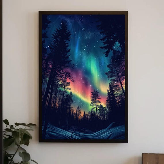 Aurora Borealis Forest Northern Lights Painting Framed Print Cabin And Nature Decor Ready To Hang For Living Room Or Bedroom