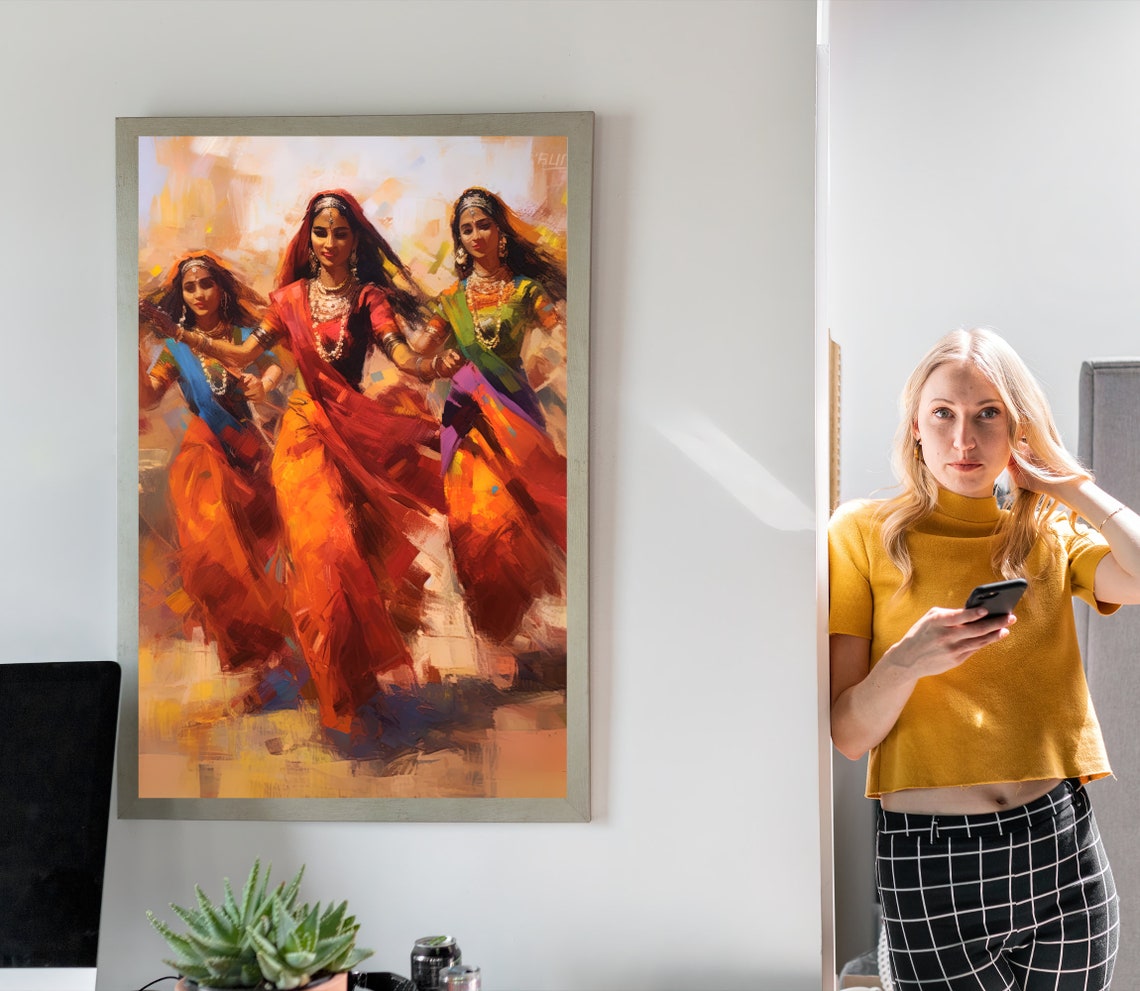 Three Indian Women Dancing Together in Colorful Dresses Poster - Image 3
