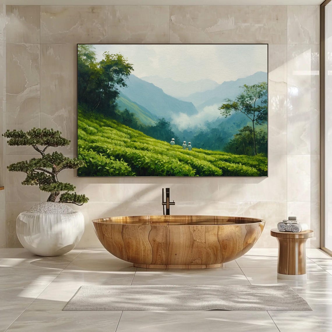 Lush Green Tea Plantations Misty Mountain Pickers Painting Poster - Image 3