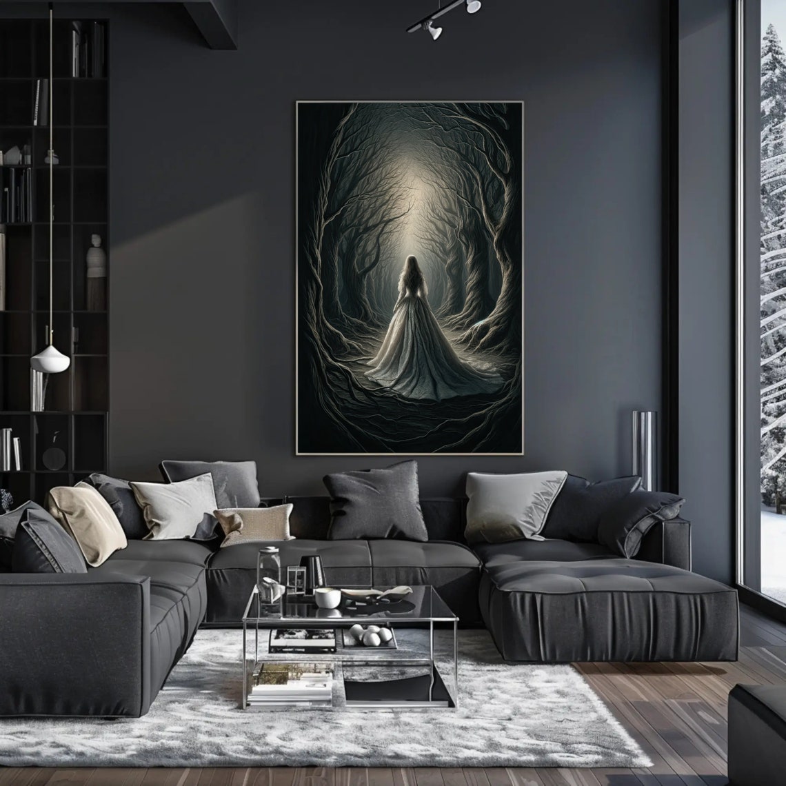 Woman Walking Through Dark Twisted Forest Toward Light Poster - Image 5