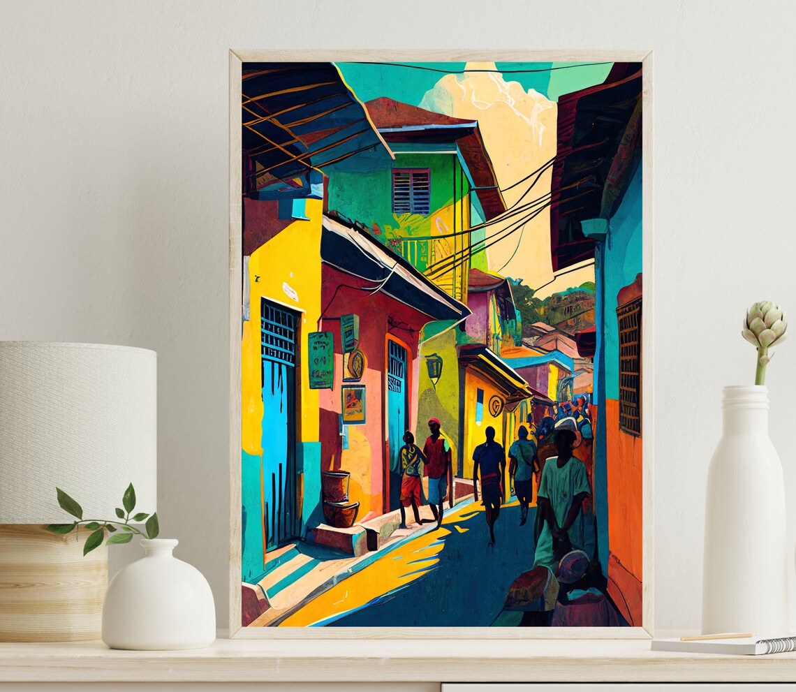 Colorful Haitian Village Street Scene Caribbean Tropical Art Poster - Image 5