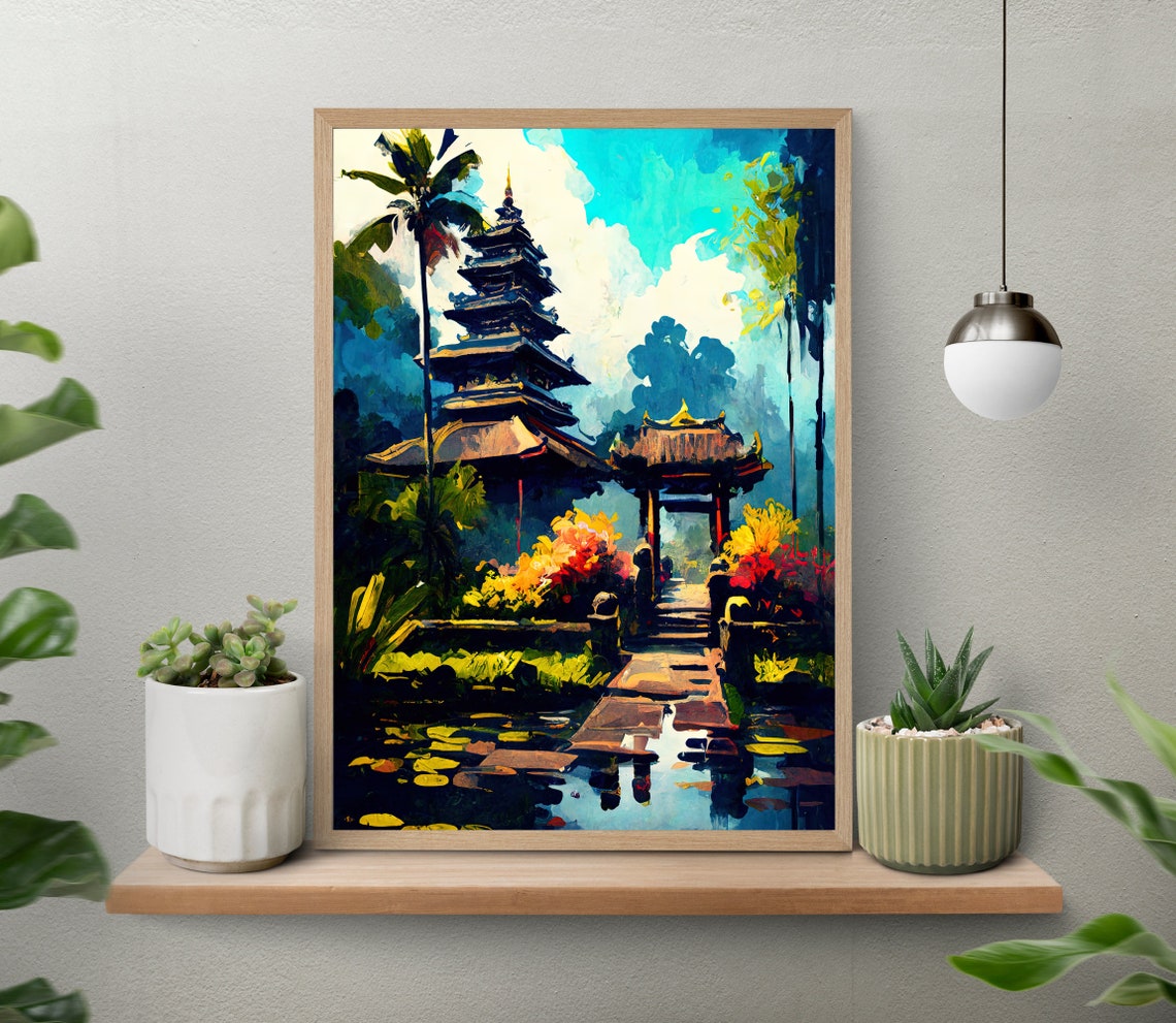 Bali Indonesia Tiered Temple Lotus Pond Palm Trees Scene Poster - Image 4