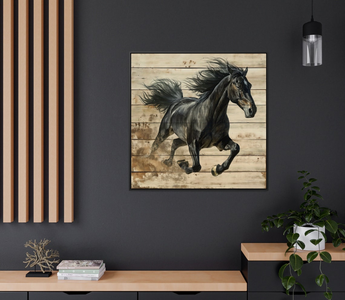 Galloping Black Stallion Horse Rustic Wood Panel Wall Poster - Image 5