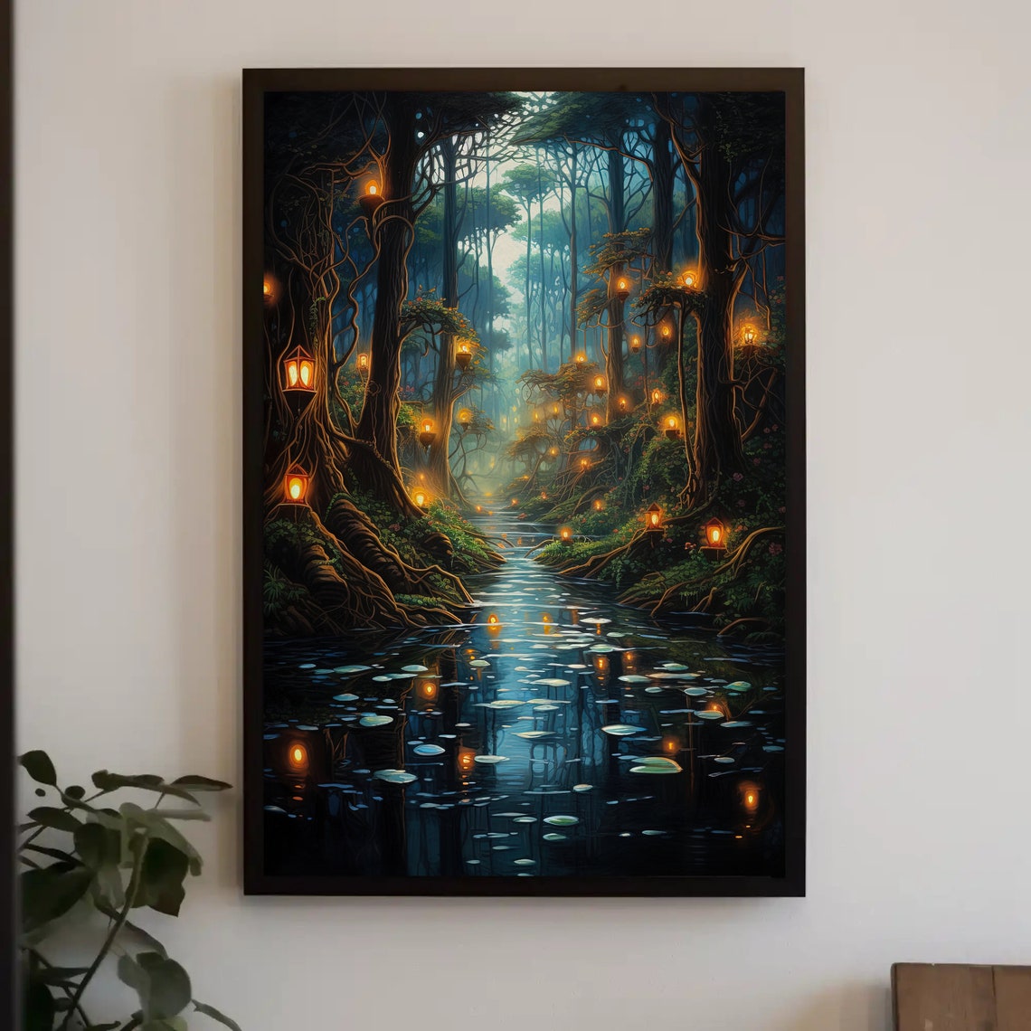 Moonlit Lantern Forest Lily Pad Stream Night Fantasy Decor Print