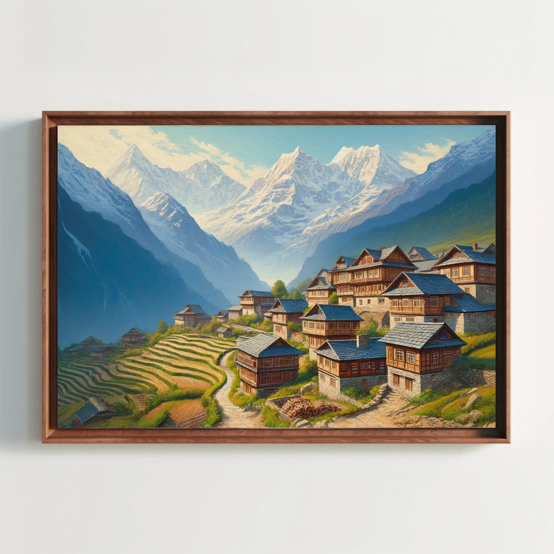 Himalayan Mountain Village Terraced Fields Snow Peaks Painting Poster