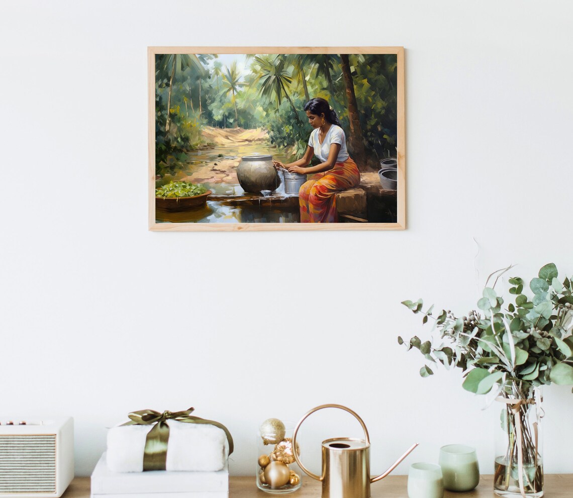South Indian Woman Washing Utensils by a Jungle Stream Poster - Image 2