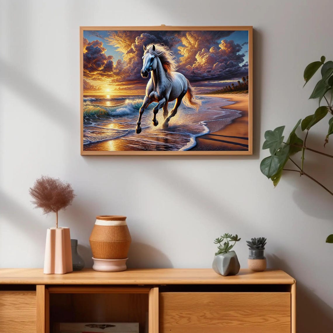 White Horse Galloping Through Beach Surf at Sunset Ocean Art Poster - Image 3