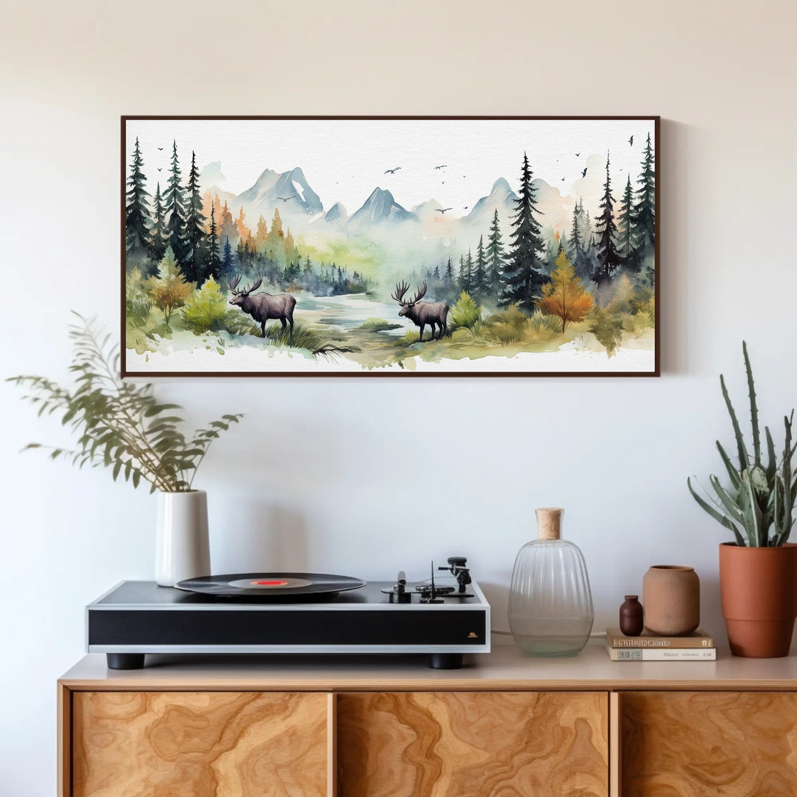 Two Moose in a Misty Mountain Forest Watercolour Landscape Poster