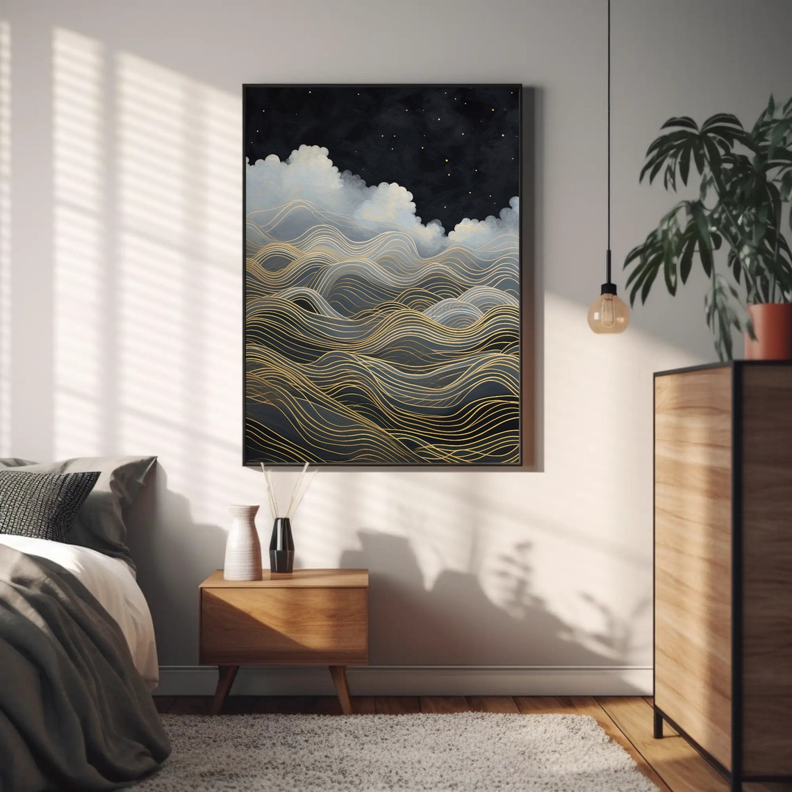 Golden Wave Lines Starry Night Sky Cloud Sea Line Art Poster - Image 5