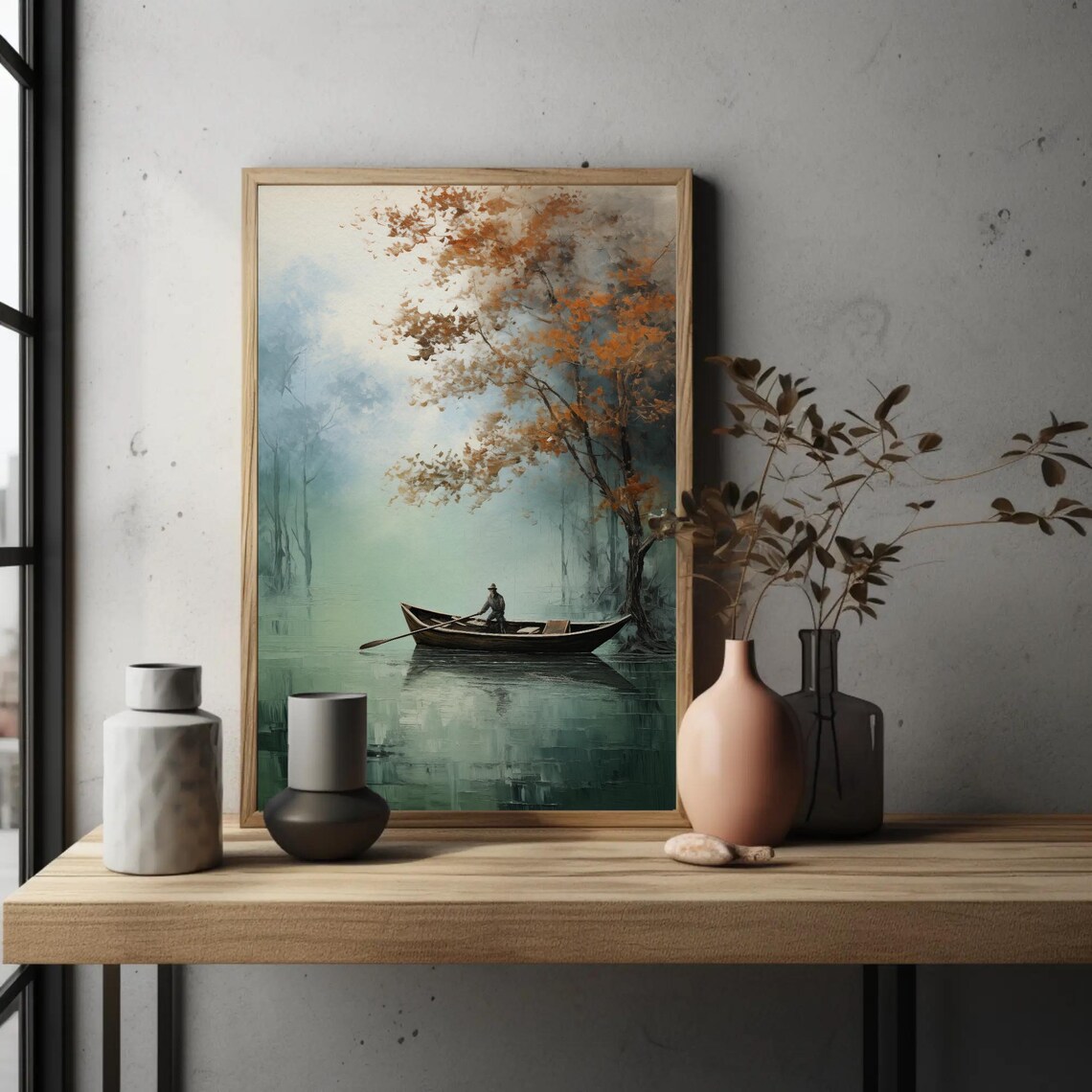 Lone Fisherman Rowing On Misty Autumn Lake Painting Art Poster - Image 3
