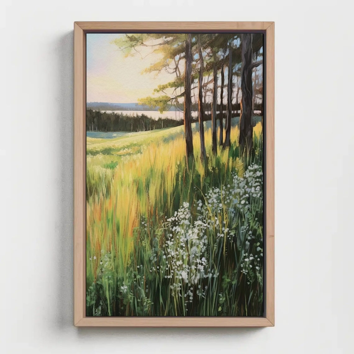 Spring Pine Forest Meadow With Lake Golden Landscape Art Poster