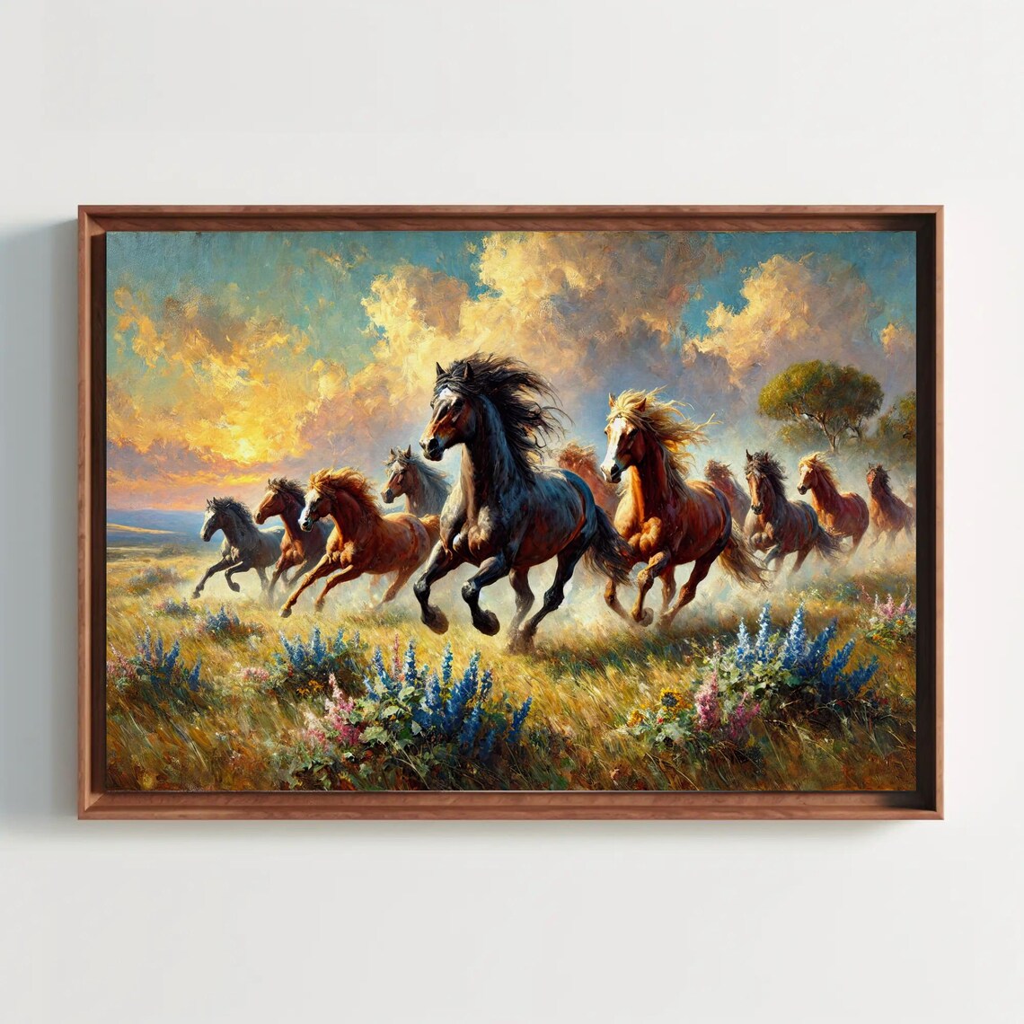 Wild Horses Galloping At Sunset Golden Meadow Flowers Poster