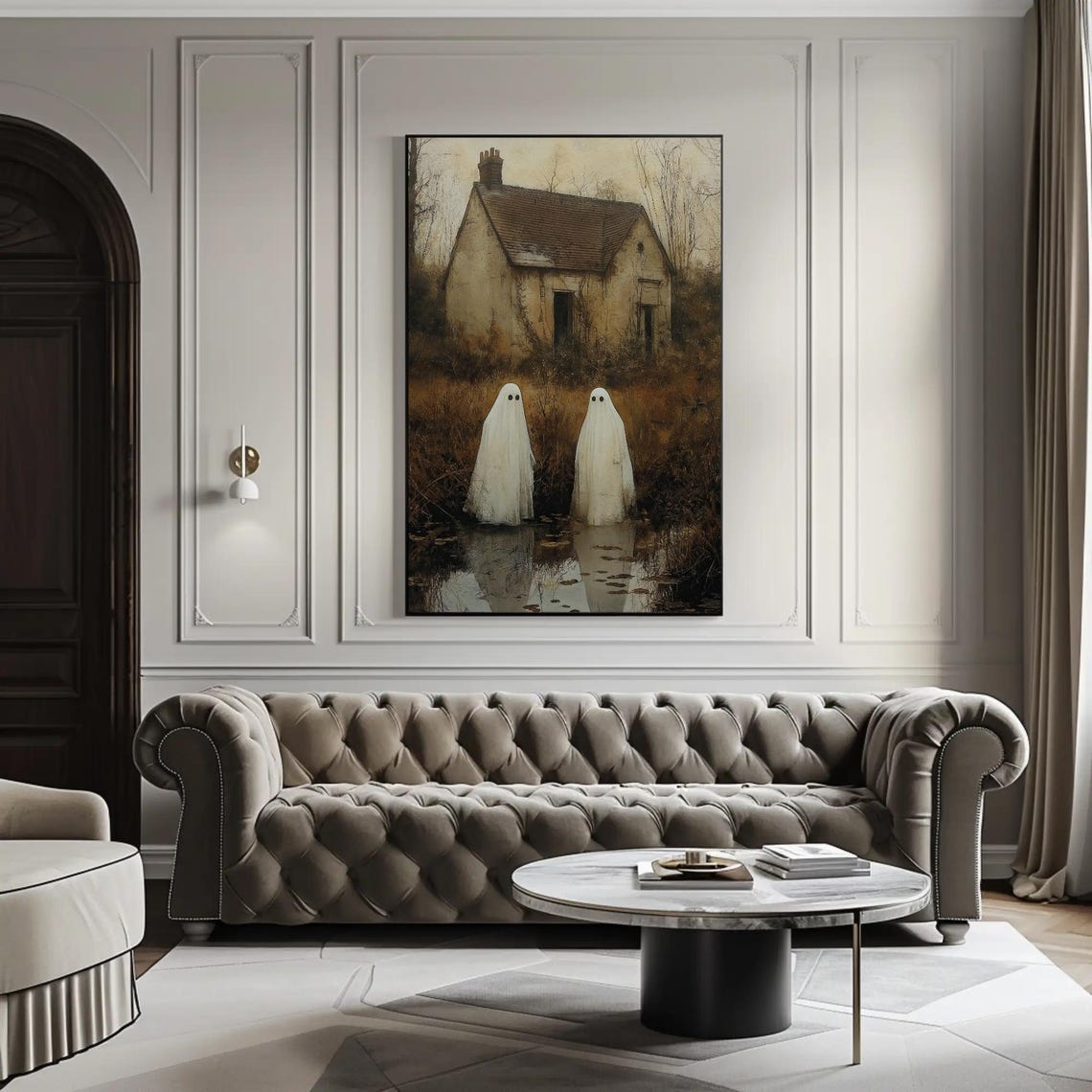 Two Ghosts Abandoned Cottage Pond Reflection Halloween Poster - Image 5