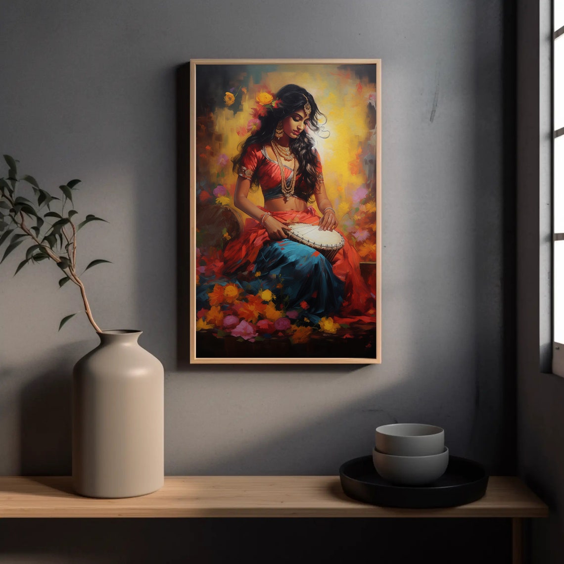 Indian Woman Playing Hand Drum in Red Sari Oil Painting Art Poster - Image 3