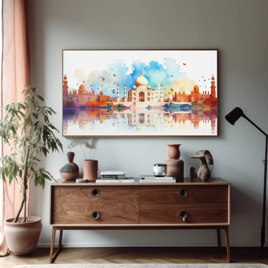 Taj Mahal Watercolor Panorama with Mirrored River Reflection Print - Image 5