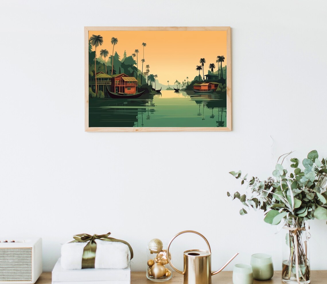 Kerala Backwaters Sunset Houseboats Palm Silhouettes India Art Poster - Image 4