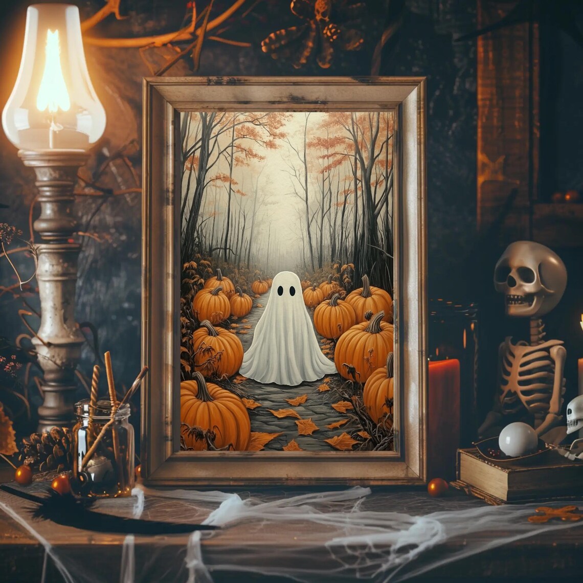 Ghost Pumpkin Patch Winding Autumn Forest Path Seasonal Halloween Poster - Image 3