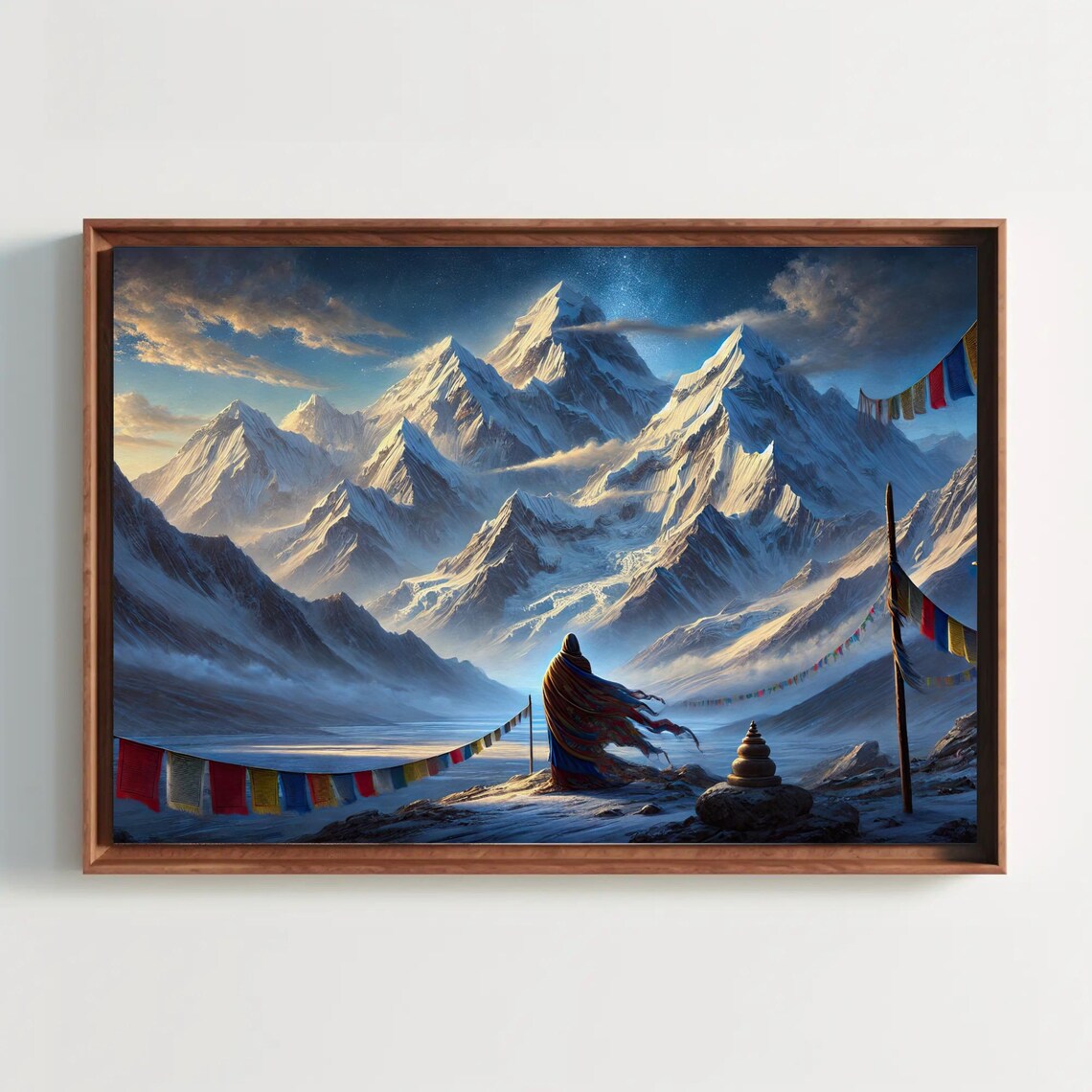 Snow Capped Himalayan Peaks Monk And Prayer Flags Sunrise Poster