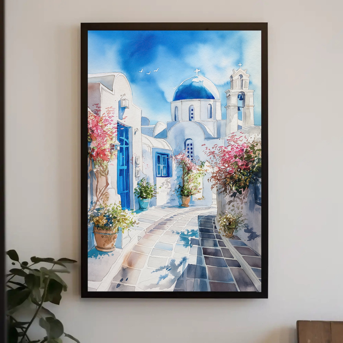Santorini Blue Dome Church Whitewashed Lane Watercolor Travel Poster