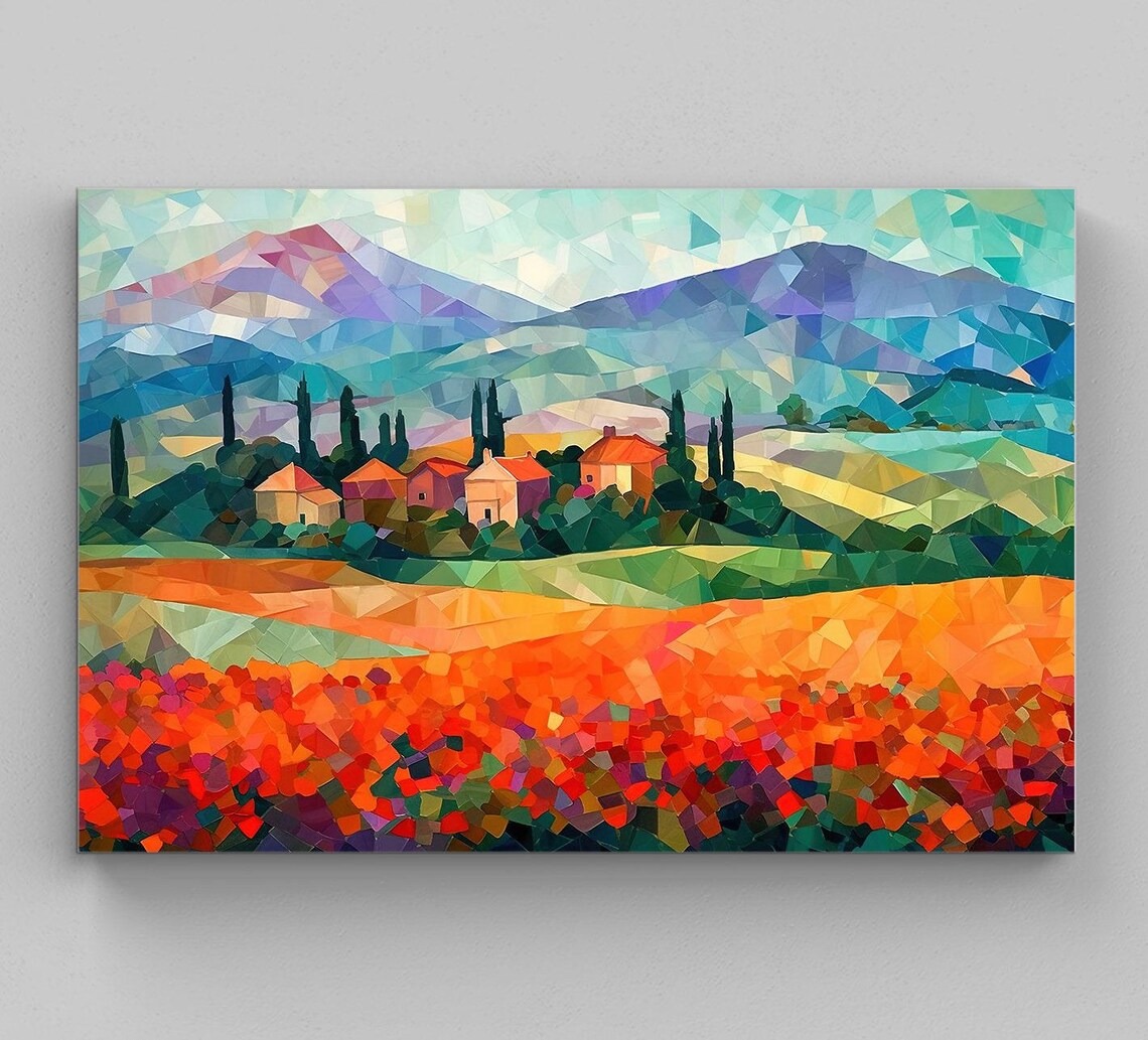 Tuscan Countryside Geometric Mosaic Farmhouses Mountains Art Print