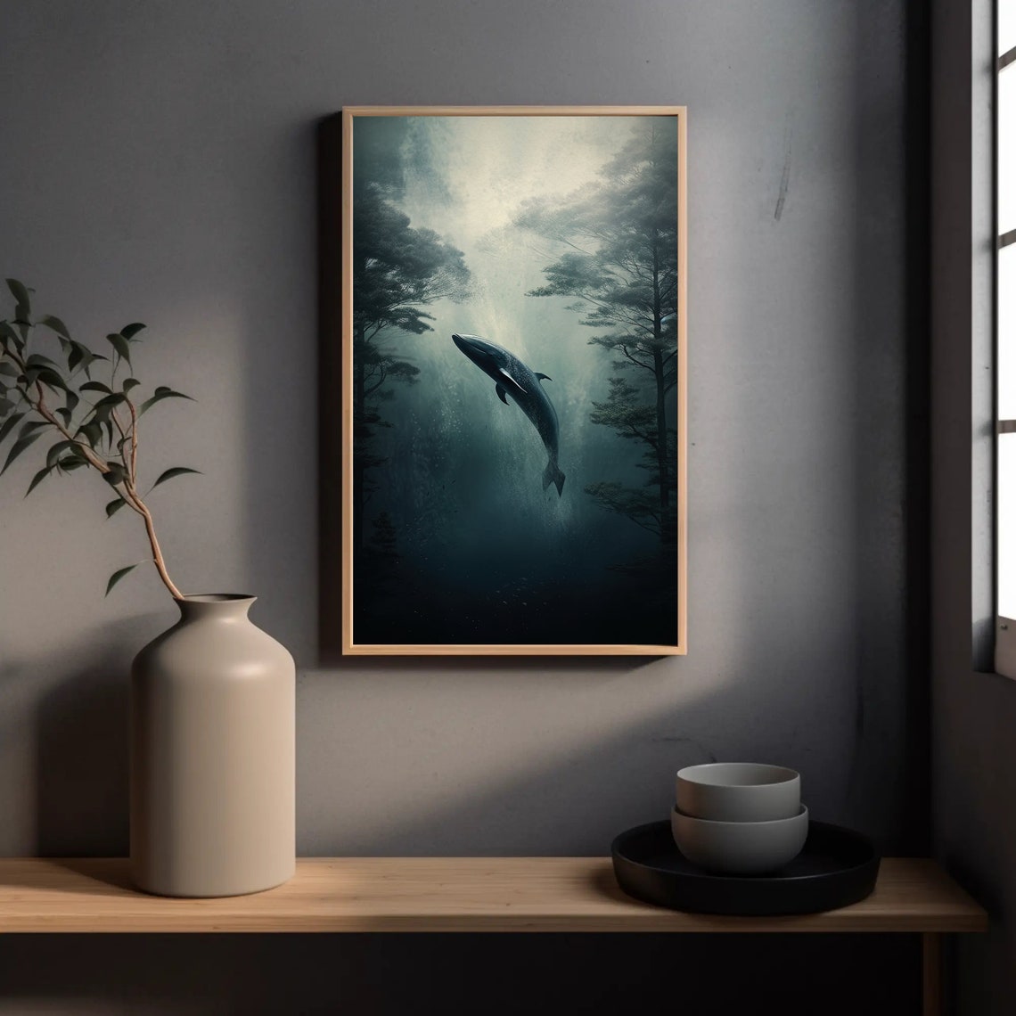 Whale Leaping in Foggy Forest Surreal Nature Oil Painting Poster - Image 5