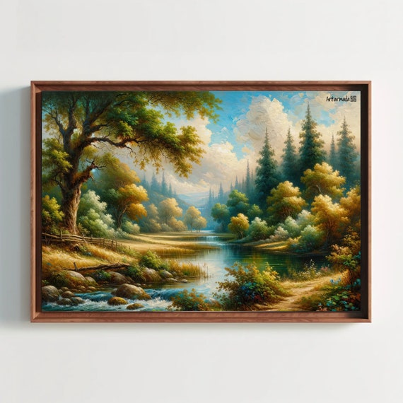 Green Nature Luxurious Artwork Framed Print Poster Wall Art River Painting Living Room Decor Green Trees Artwork Ready To Hang