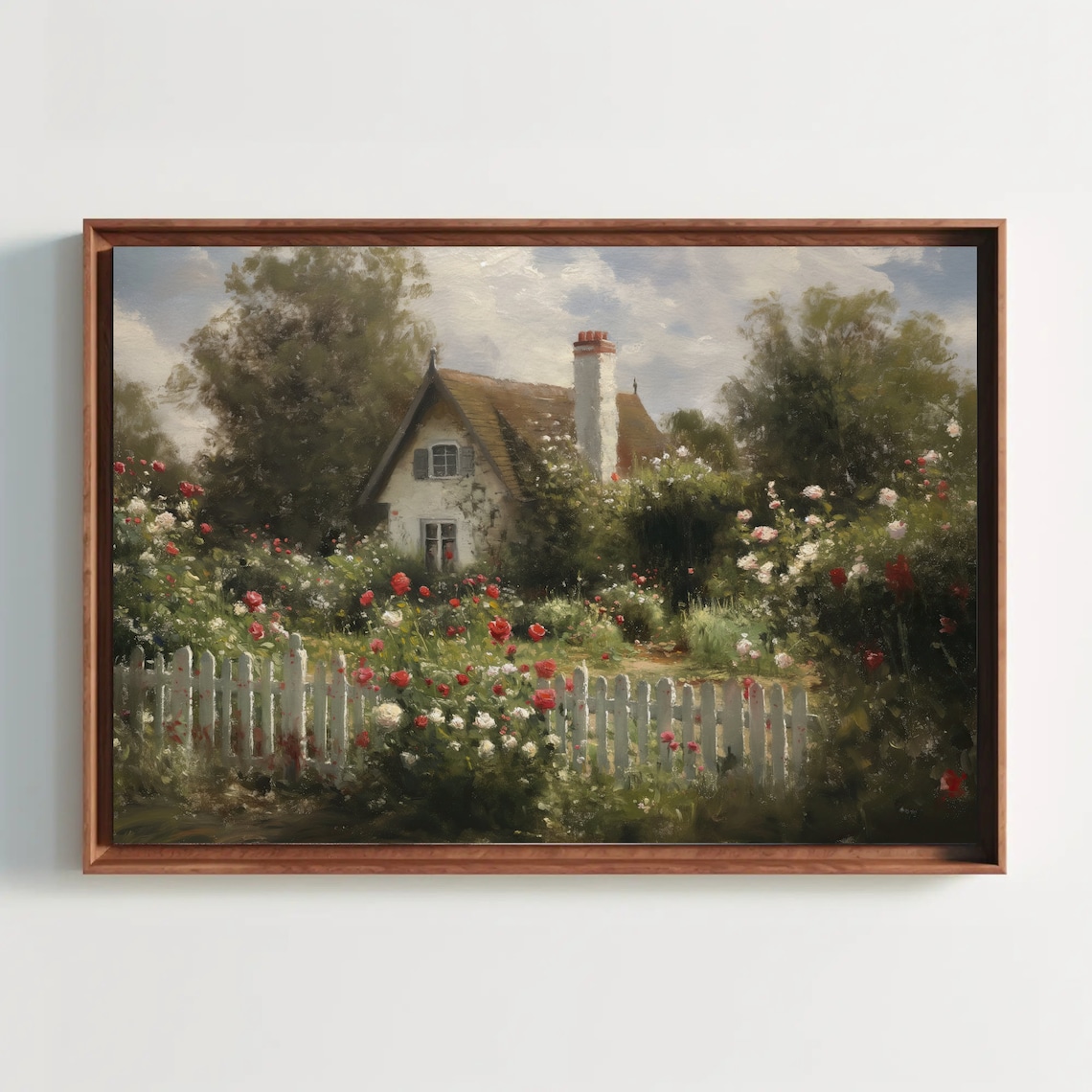 English Cottage Rose Garden Behind White Picket Fence Art Poster