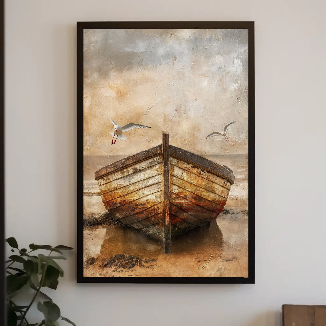 Weathered Wooden Rowboat on the Beach Seagulls Coastal Art Poster - Image 2