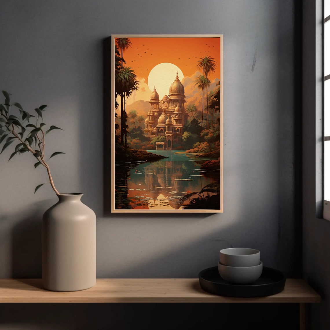 Retro Indian Temple with Domes Reflected in Jungle Lake Poster - Image 3