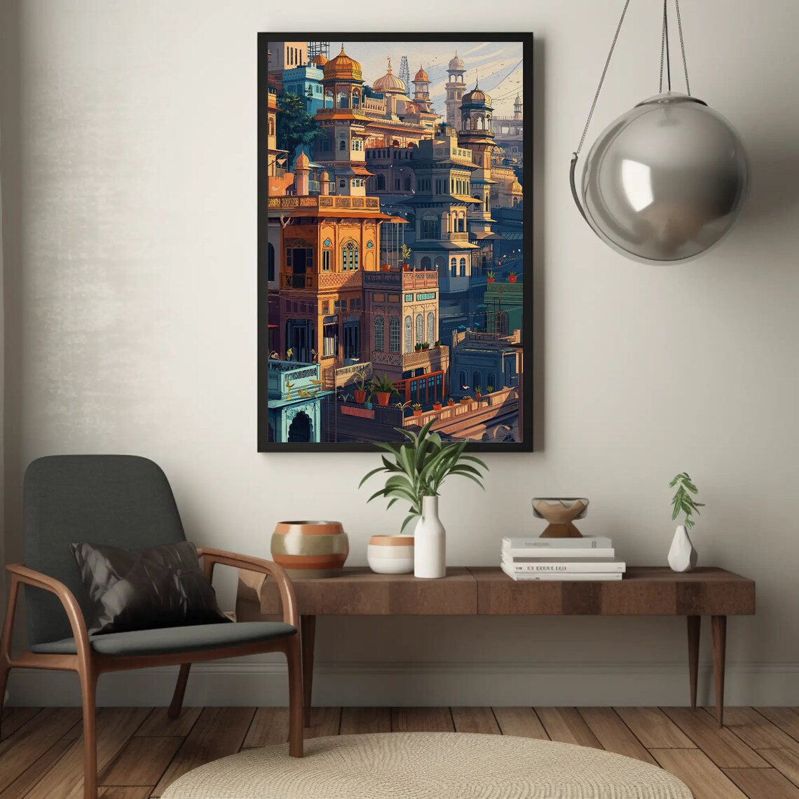 India Old City Mughal Domes Havelis Painted Sunset Skyline Wall Art - Image 2