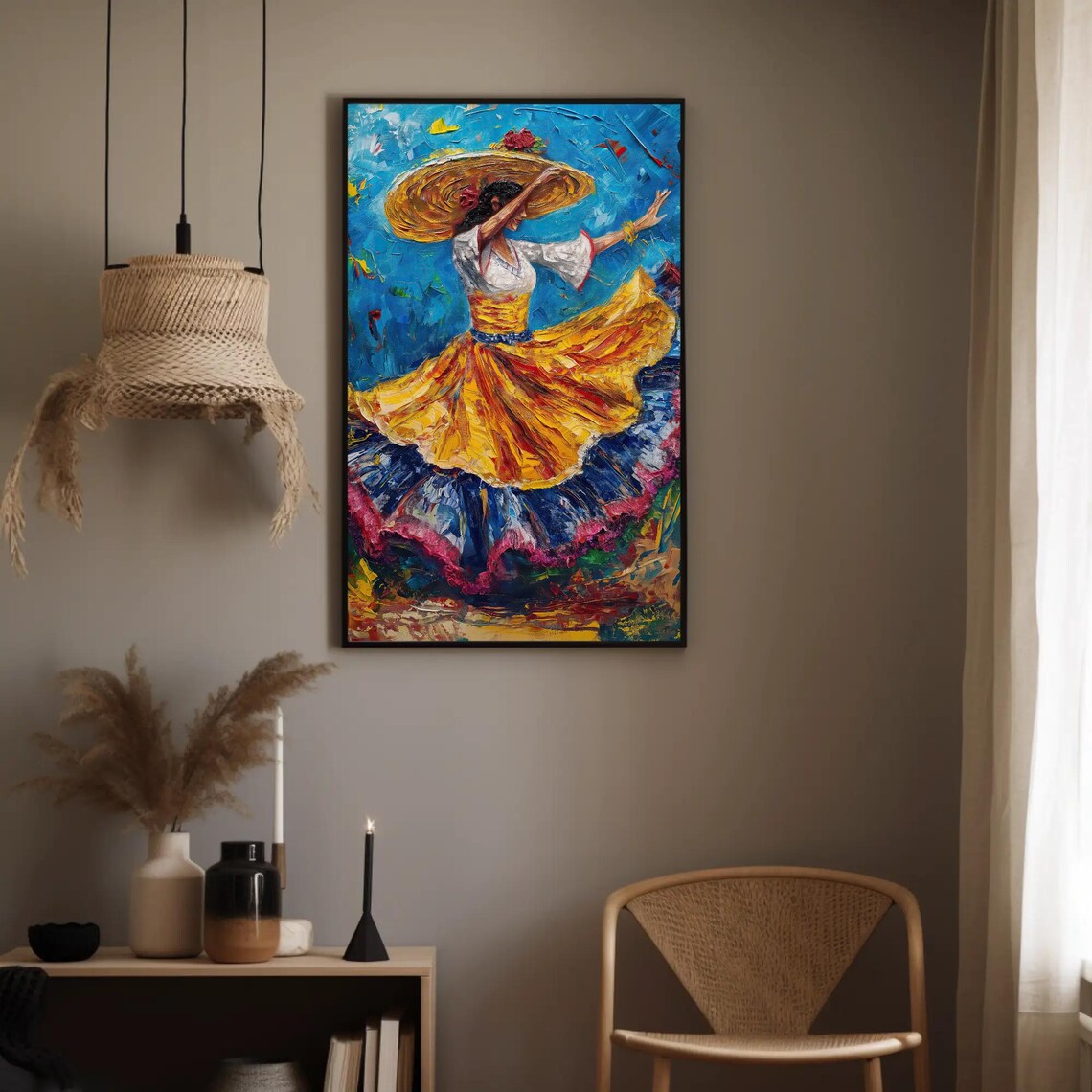 Salvadoran Folk Dancer Flowing Yellow Skirt Bold Impasto Painting Poster - Image 2