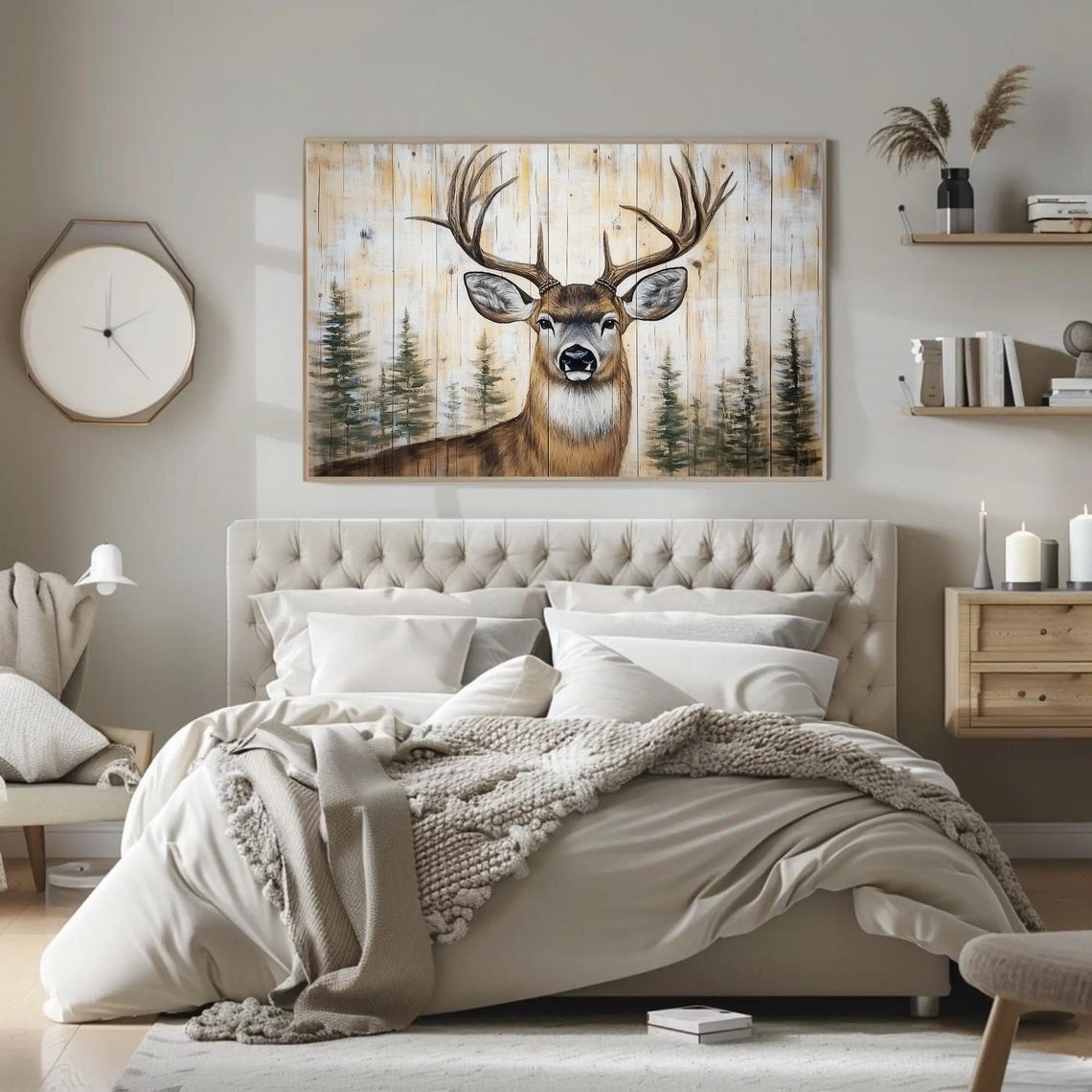 Majestic Rustic Stag Head on Whitewashed Wood with Pine Trees Poster - Image 2