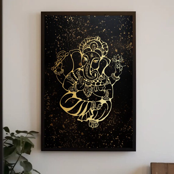 Hindu God Ganesha Gold Luxury Painting Minimalist Indian Wall Art Ganpati Spiritual Framed For Home And Office Ready To Hang