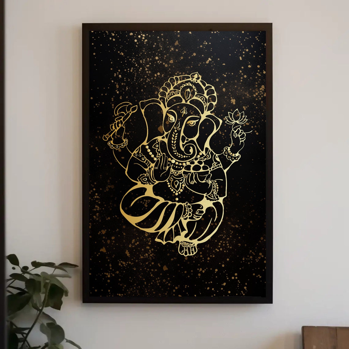 Golden Lord Ganesha Line Art On Black Spiritual Decor Poster