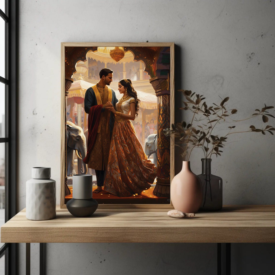 Indian Wedding Couple at Palace with Elephants Romantic Art Print - Image 3