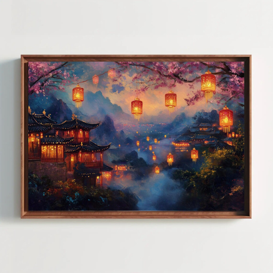 Traditional Chinese Village at Dusk, Asian Landscape Art Print