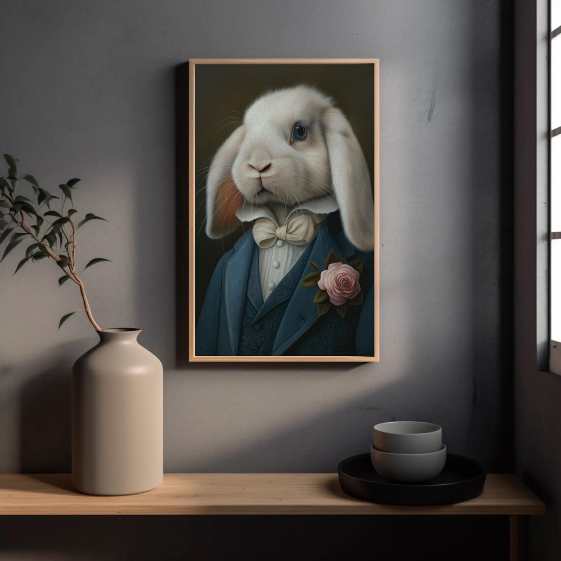 Elegant White Holland Lop Rabbit In Blue Suit With Rose Poster - Image 3