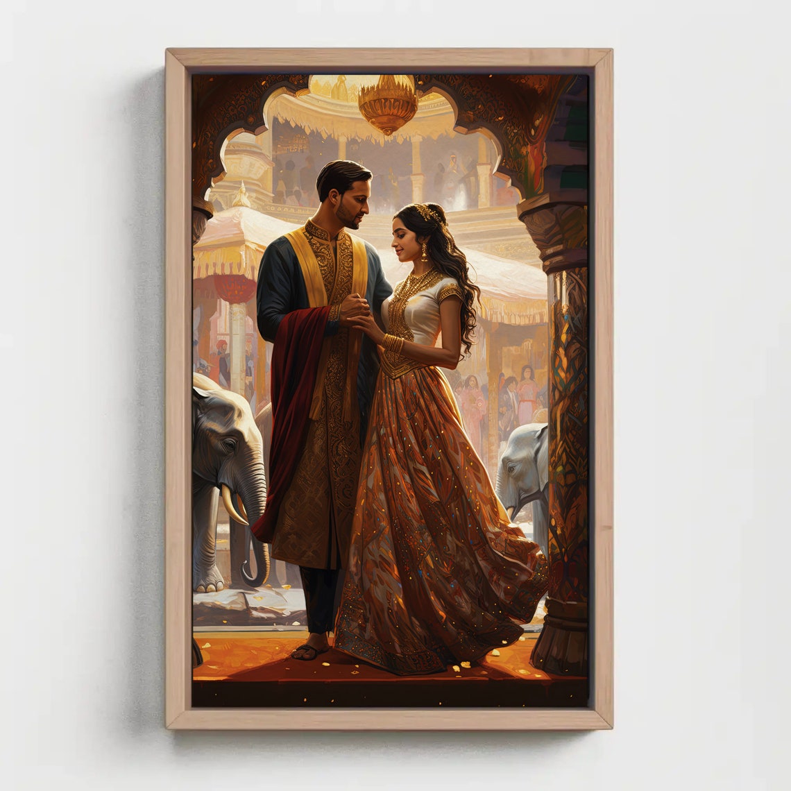 Indian Wedding Couple at Palace with Elephants Romantic Art Print - Image 5