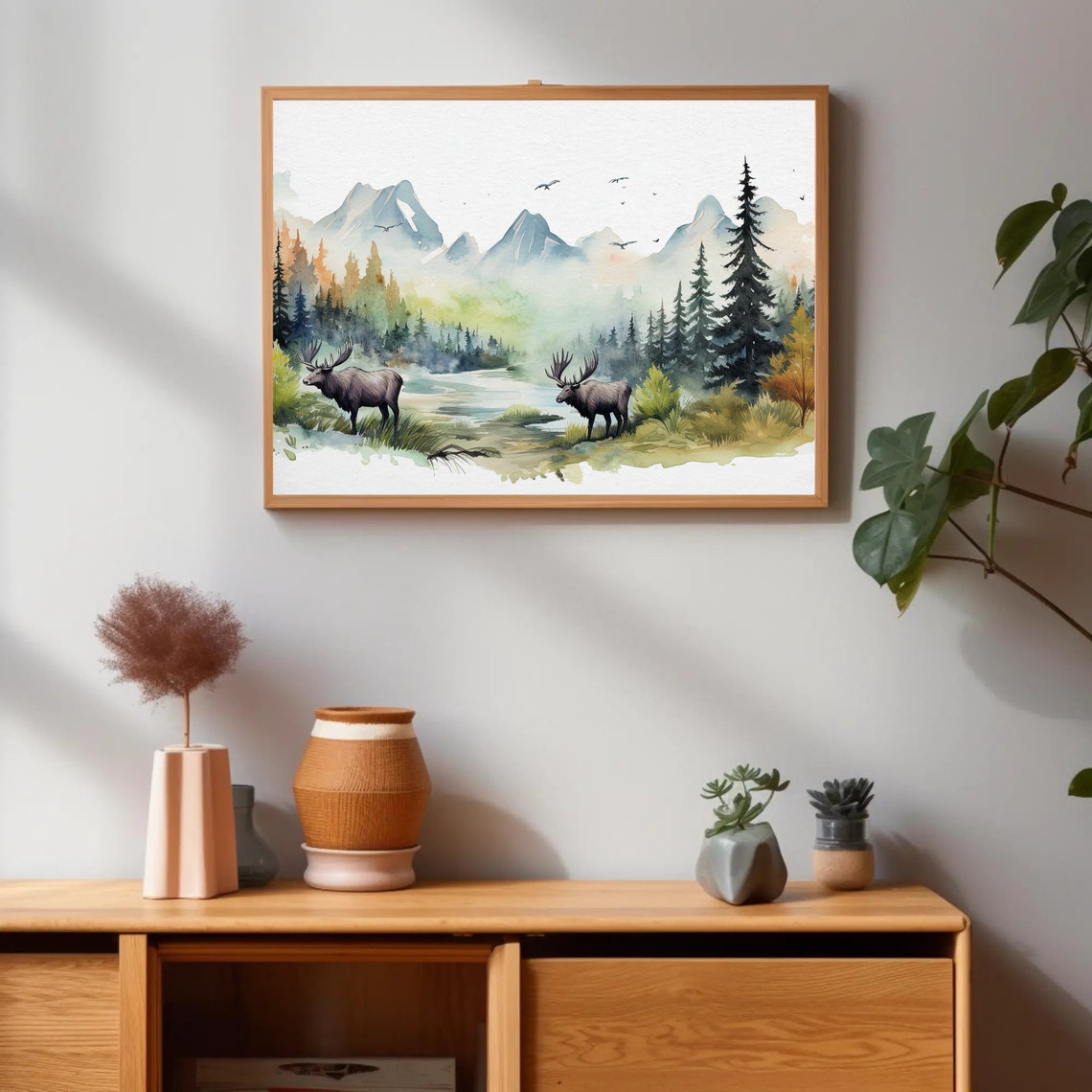 Two Moose in a Misty Mountain Forest Watercolour Landscape Poster - Image 5