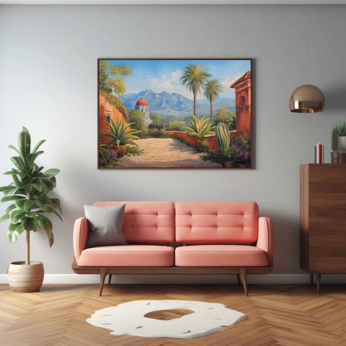 Mexican Courtyard with Palms and Church Dome Landscape Poster - Image 3
