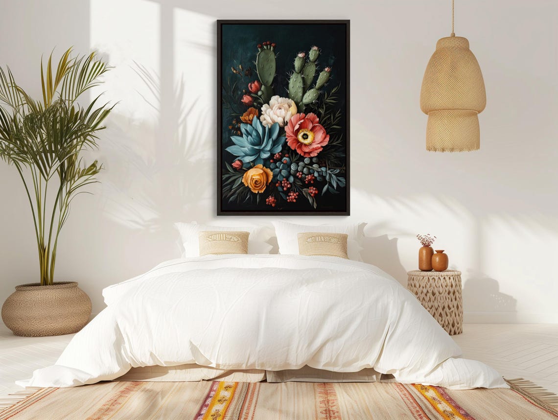 Cactus Roses And Poppies Bouquet Dark Botanical Still Life Poster - Image 2