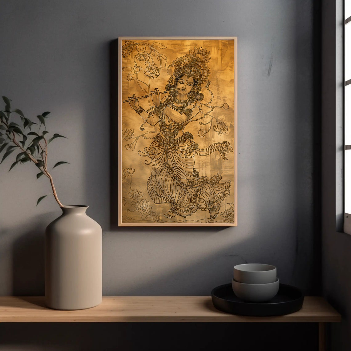 Lord Krishna Playing Flute Gold Line Art Hindu God Wall Poster - Image 3