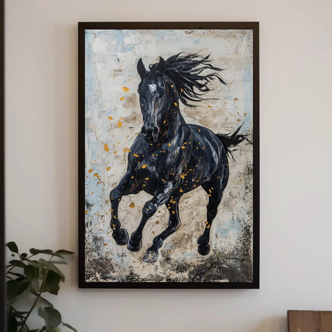 Black Stallion Galloping With Gold Flecks Abstract Horse Art Poster