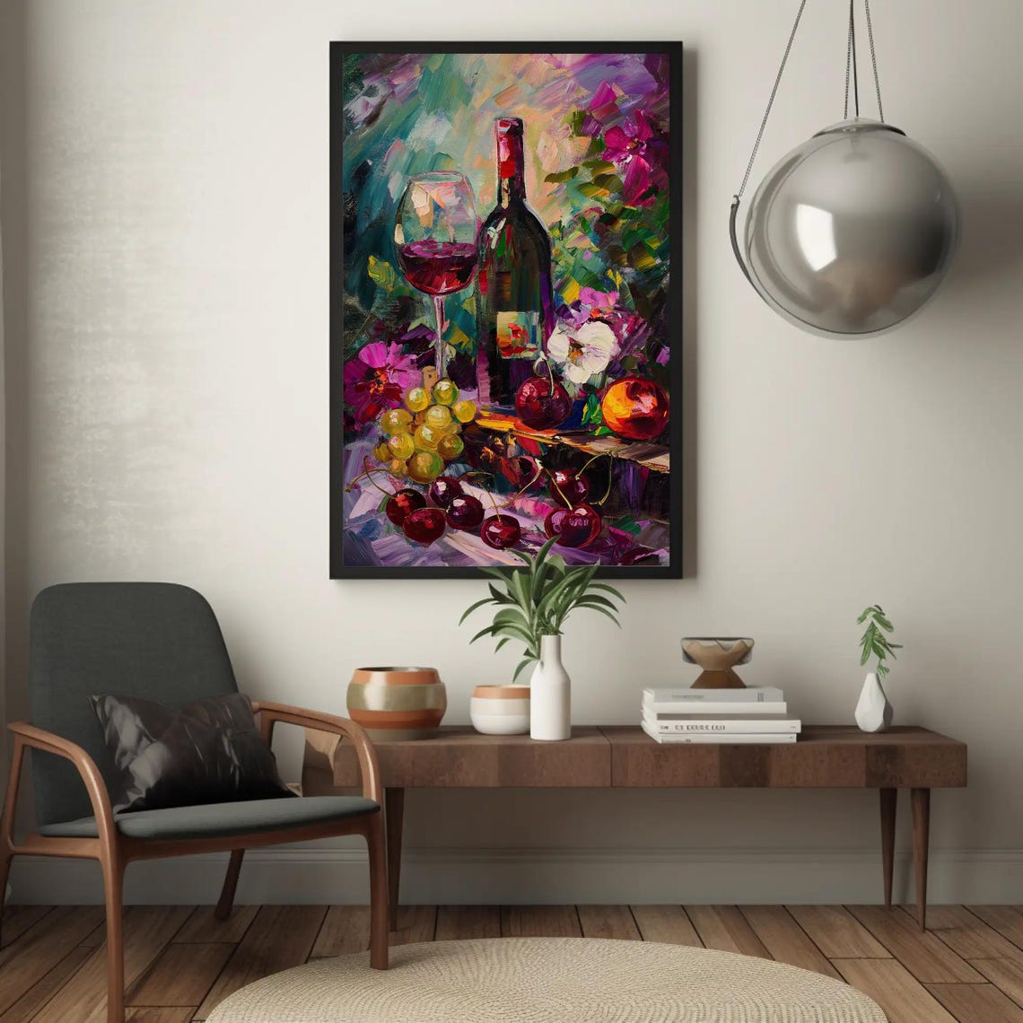 Red Wine Bottle Grapes Cherries Bold Impasto Still Life Dining Poster - Image 4